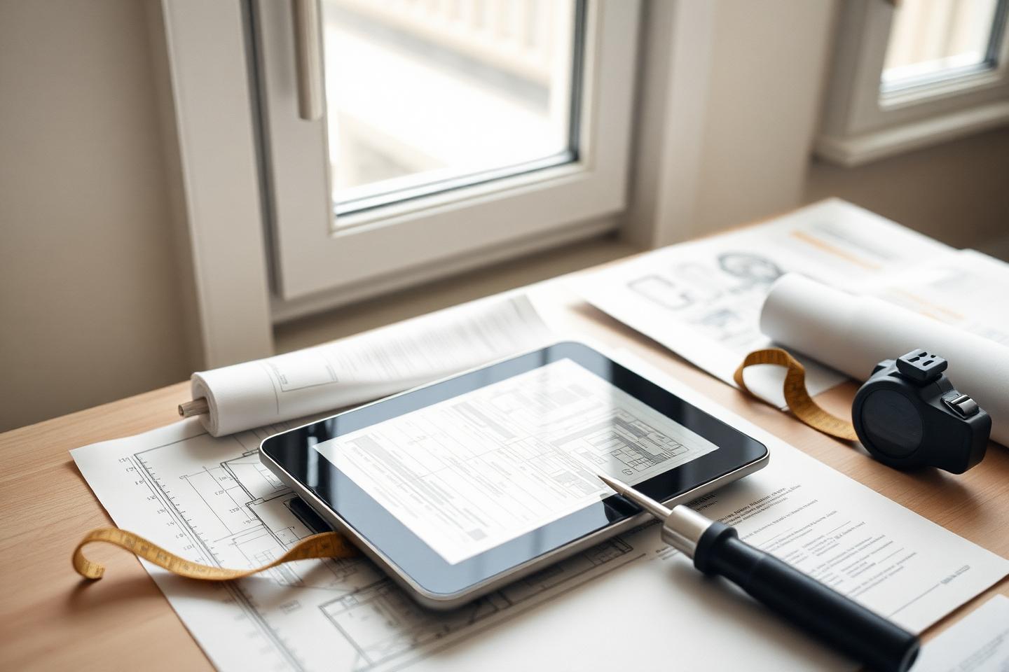 Tablette de relevé de diagnostic immobilier posée sur des plans, dans un intérieur lumineux