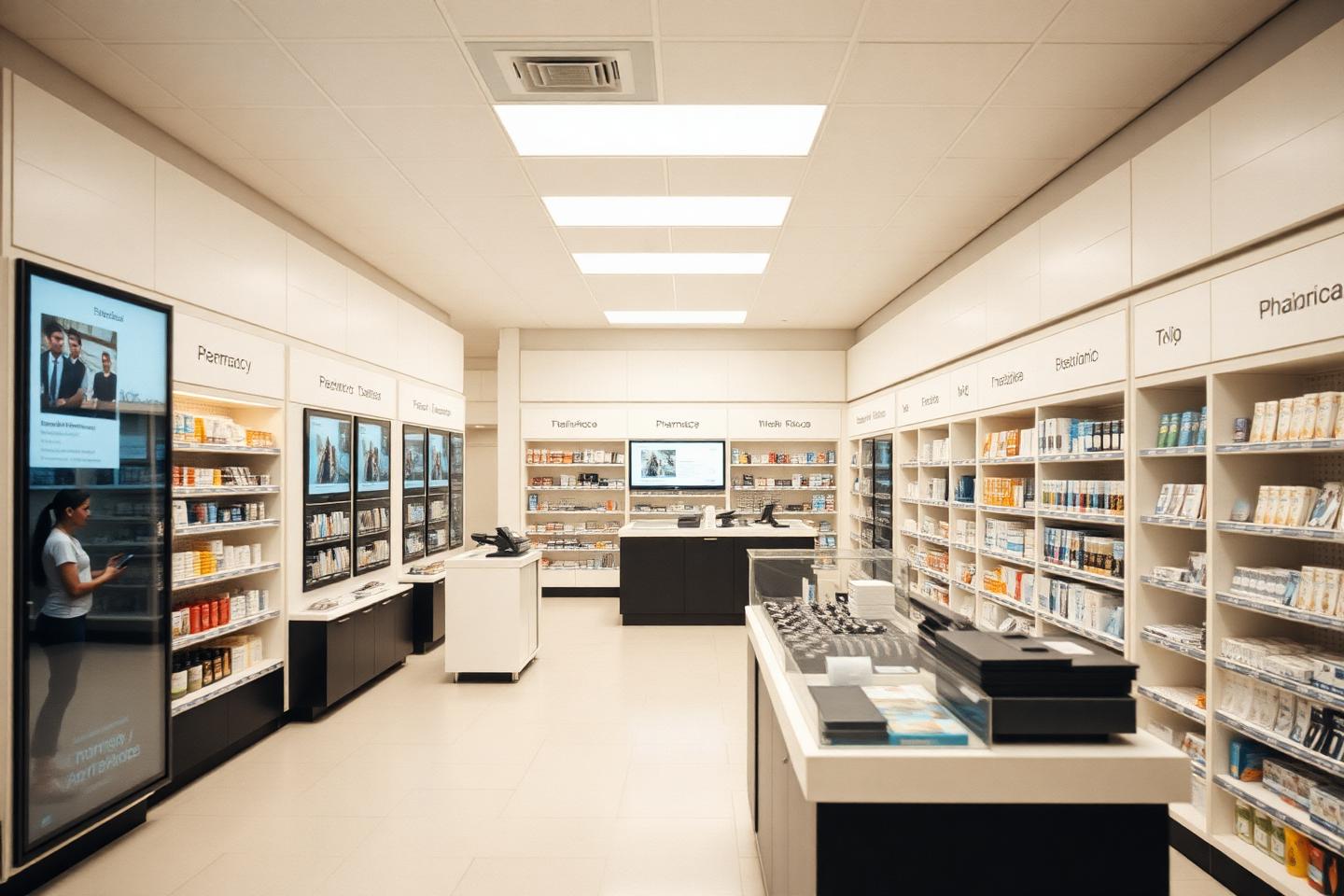 Intérieur de pharmacie équipé d'écrans d'affichage dynamique