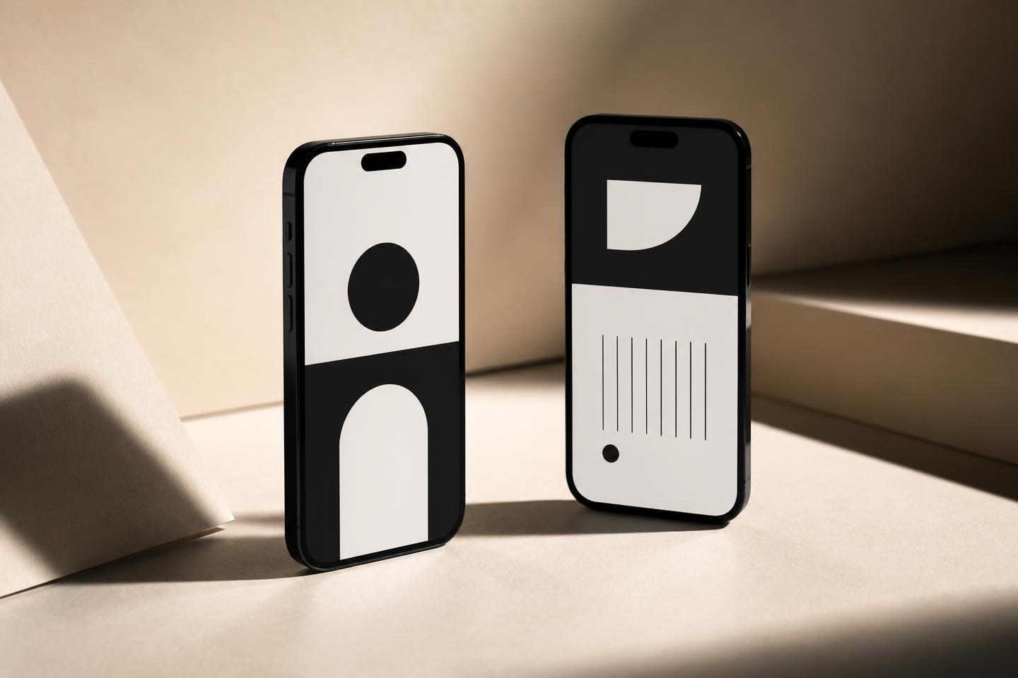 Deux smartphones noirs posés sur un fond papier crème affichant des écrans d'application minimalistes