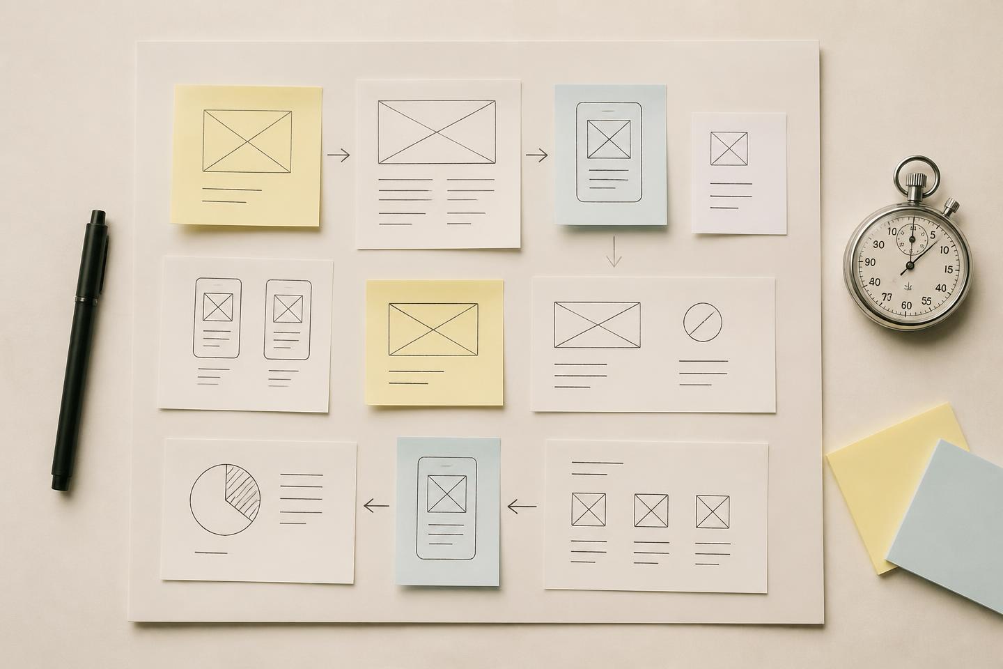 Storyboard de wireframes dessinés à la main et de post-it sur un bureau crème, avec un chronomètre